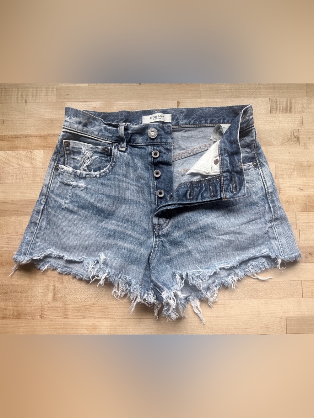 MOUSSY Light Blue Distressed Denim Shorts